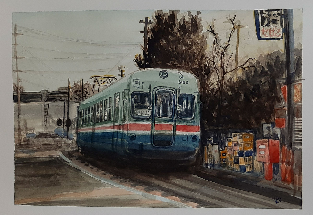 Varga Sandor painter, 2023, aquarelle, Japan tram, watercolor painting